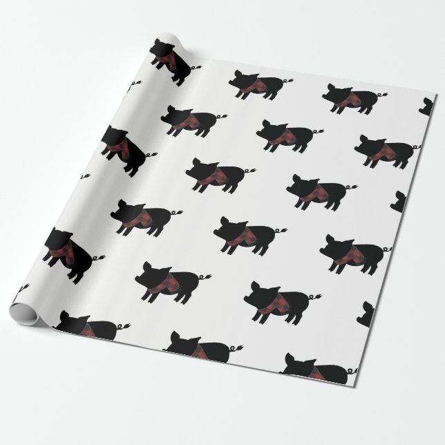 Red Buffalo Plaid Pig With Scarf Wrapping Paper (Unrolled)
