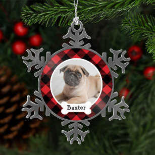 Red Buffalo Plaid Puppy Dog Photo Snowflake Pewter Christmas Ornament