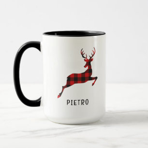 Red Buffalo Plaid Reindeer Christmas Monogram Mug