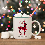 Red Buffalo Plaid Reindeer Christmas Monogram Two-Tone Coffee Mug<br><div class="desc">Seasonal Christmas coffee mug design features two festive reindeer with antlers in a red and black buffalo plaid pattern. Personalize the custom monogram text with a first name.</div>