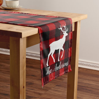 Red Buffalo Plaid & Reindeer | Personal Name Gift Medium Table Runner