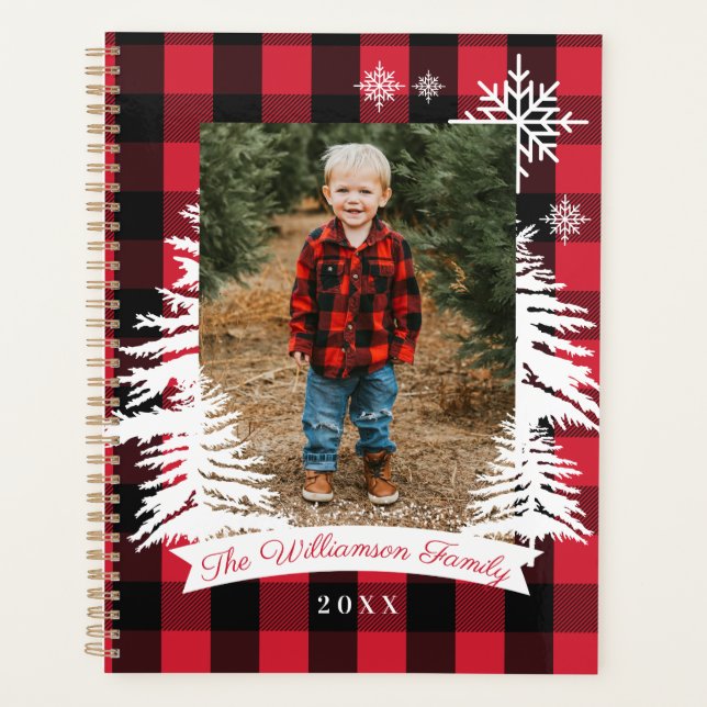 Red Buffalo Plaid Rustic Pine Trees Family Photo Planner (Front)