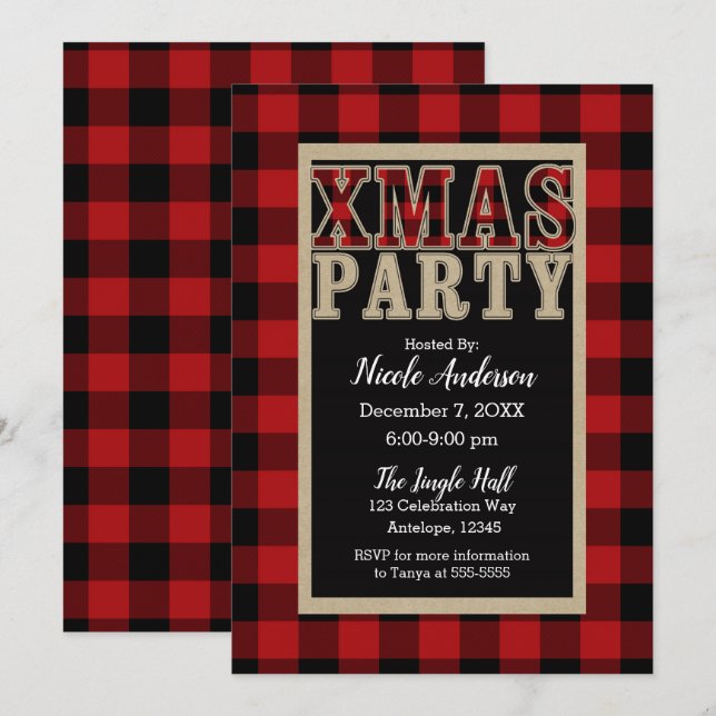 Red Buffalo Plaid Rustic XMAS Christmas Party Invitation (Front/Back)
