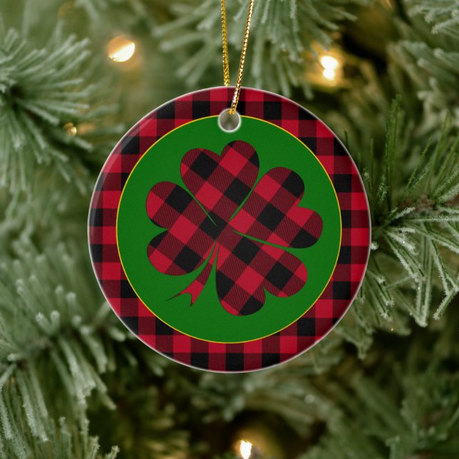 Red buffalo plaid Shamrock, Lucky Clover Charm Ceramic Ornament (Tree)