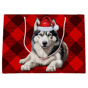 Red Buffalo Plaid Siberian Husky Dog Lover Holiday Large Gift Bag