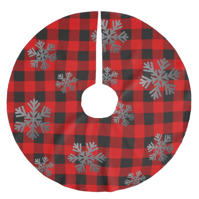 Red Buffalo Plaid Silver Glitter Snowflakes Brushed Polyester Tree Skirt (Front)