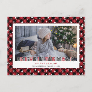 Red Buffalo Plaid Snow Stars Believe Photo Holiday Postcard