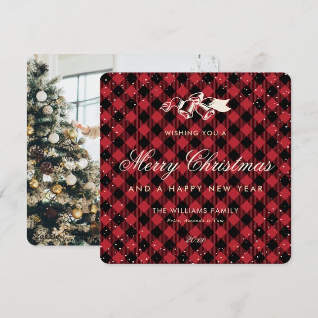 Red Buffalo Plaid Snow Traditional Photo Holiday Card (Front/Back)