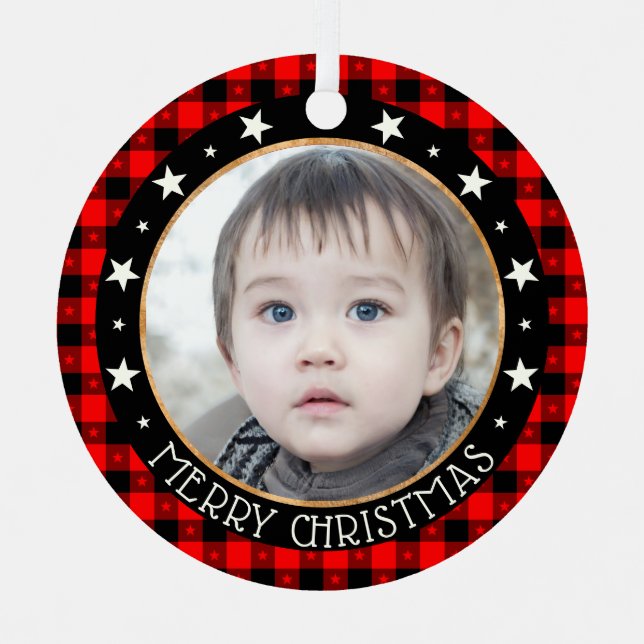   Red Buffalo Plaid & Stars Merry Christmas Custom Metal Ornament (Front)