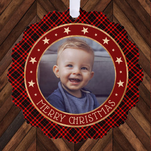   Red Buffalo Plaid & Stars Merry Christmas Rustic Ornament Card