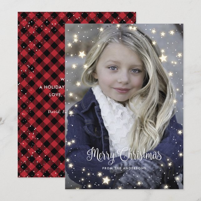 Red Buffalo Plaid Stars Photo Cartes de Noël (Devant / Derrière)