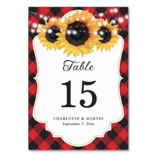 Red Buffalo Plaid Sunflower Wedding Table Number