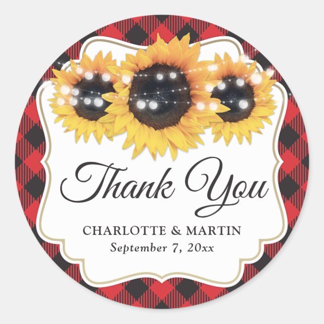Red Buffalo Plaid Sunflower Wedding Thank You Classic Round Sticker (Front)