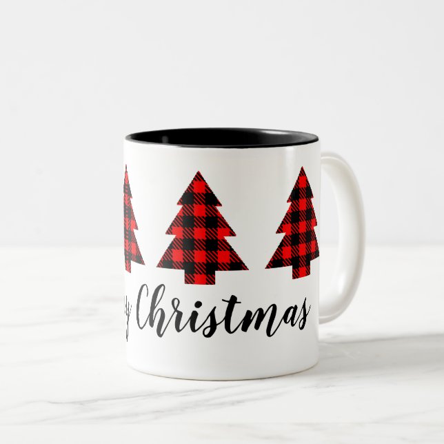 Red Buffalo Plaid Trees Your Text Two-Tone Coffee Mug (Front Right)