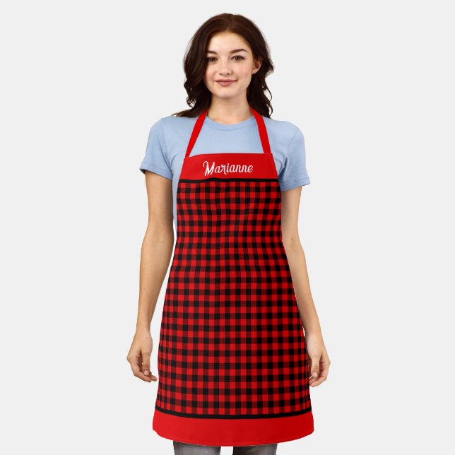 Red Buffalo Plaid Trimmed & Personalized Apron (Worn)