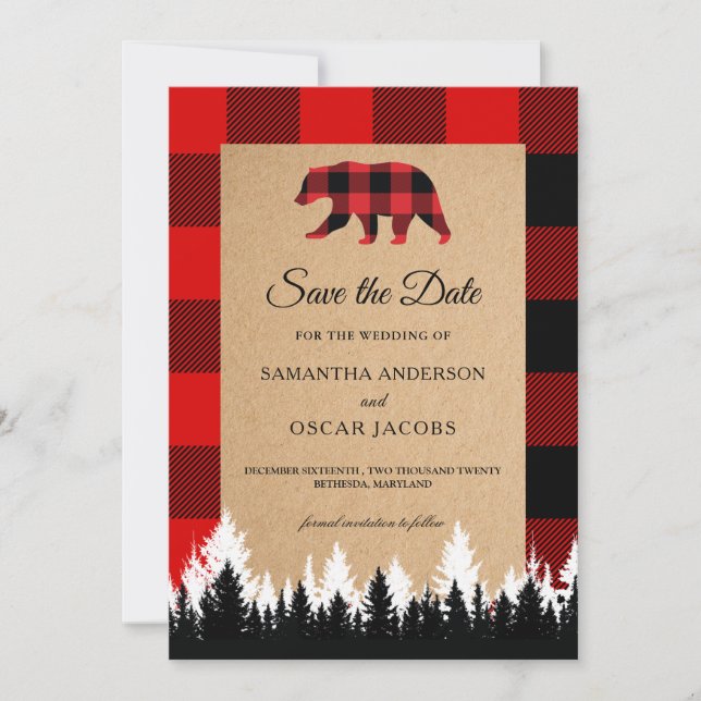 Red Buffalo Plaid Vintage Craft Save The Date (Front)