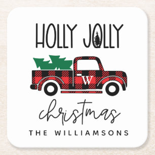 Red Buffalo Plaid Vintage Truck and Tree Monogram Square Paper Coaster