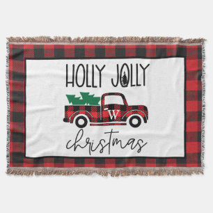 Red Buffalo Plaid Vintage Truck & Tree Monogram   Throw Blanket