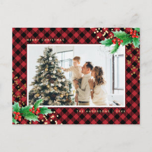 Red Buffalo Plaid Watercolor Holly Photo Christmas Holiday Postcard