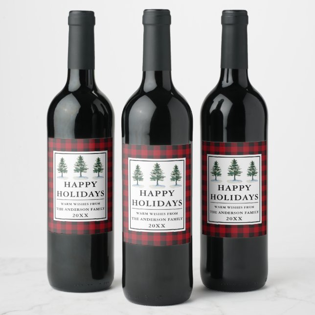 Red Buffalo Plaid Watercolor Pines Happy Holidays Wine Label (Bottles)