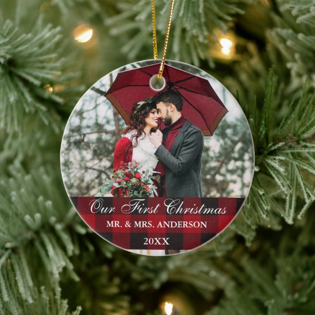 Red Buffalo Plaid Wedding Our First Christmas Ceramic Ornament (Tree)