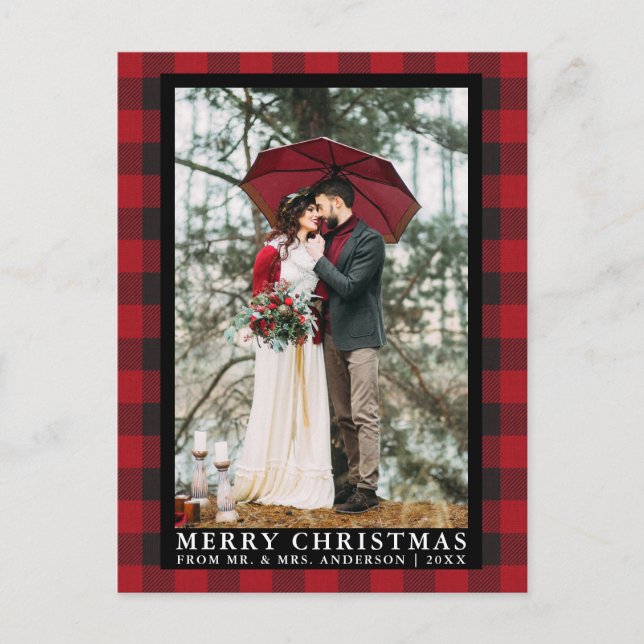 Red Buffalo Plaid Wedding Photo Merry Christmas Postcard (Front)