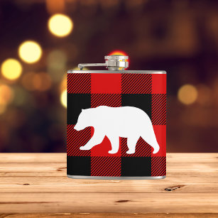 Red Buffalo Plaid & White Bear Hip Flask