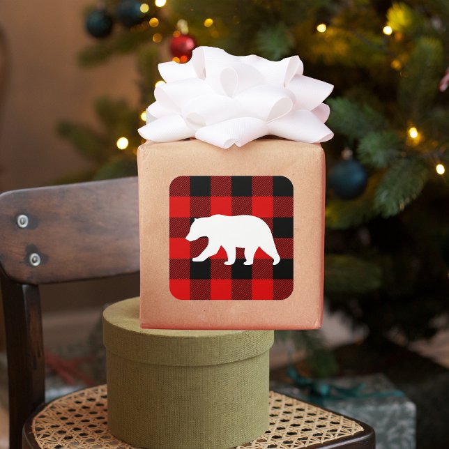 Red Buffalo Plaid & White Bear Square Sticker (Creator Uploaded)