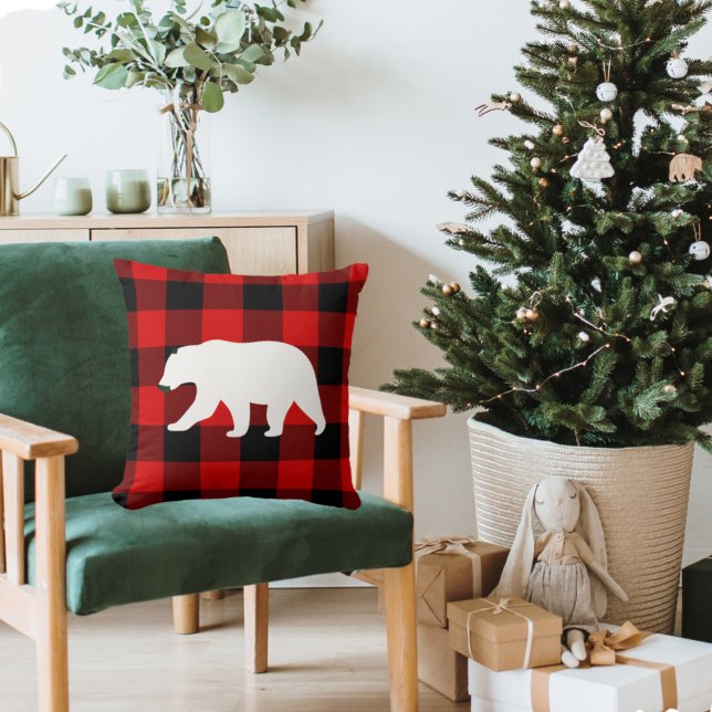 Red Buffalo Plaid & White Bear Throw Pillow (Creator Uploaded)