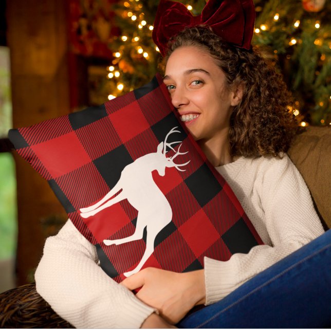 Red Buffalo Plaid & White Deer Lumbar Pillow (Creator Uploaded)