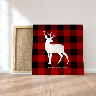Red Buffalo Plaid & White Deer   Personal Name Canvas Print