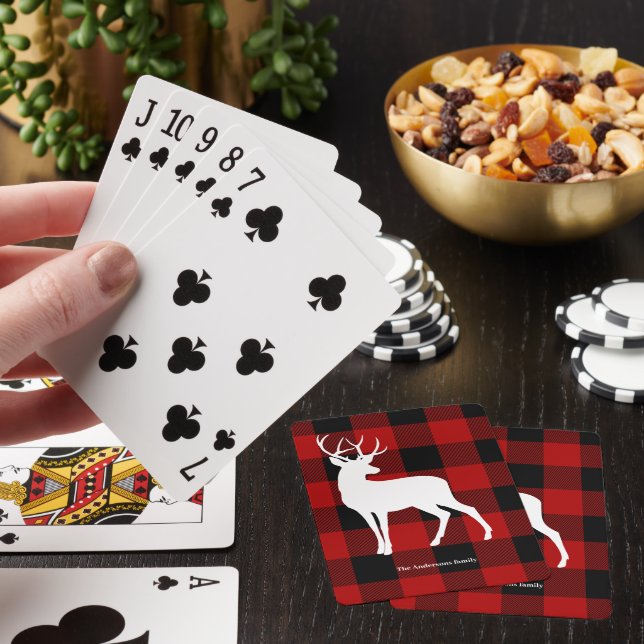 Red Buffalo Plaid & White Deer | Personal Name Playing Cards (In Situ)
