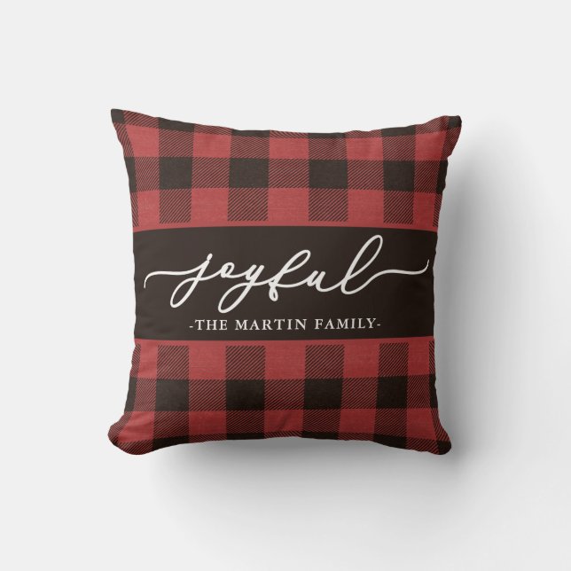 Red Buffalo Plaid with Joyful Script Christmas Throw Pillow (Front)