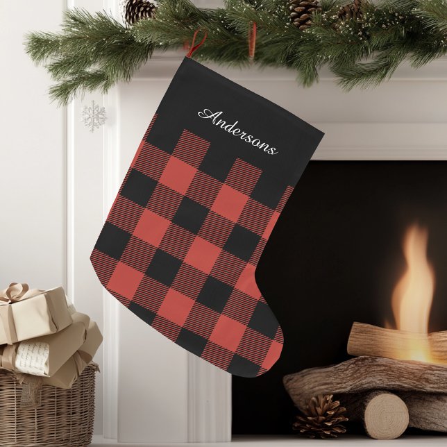 Red Buffalo Plaid With Name  Large Christmas Stocking (Creator Uploaded)