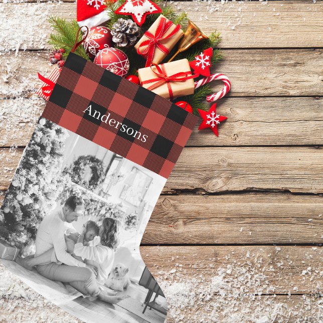 Red Buffalo Plaid With Photo And Name |  Large Christmas Stocking (Creator Uploaded)