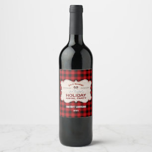 Red Buffalo Plaid Wood Holiday Annual Party Wine Label