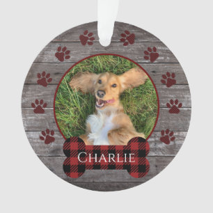 Red Buffalo Plaid Wood Paw Prints Pet Photo  Ornament
