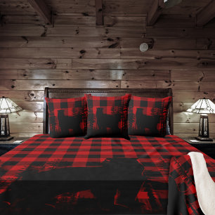 Red Buffalo Plaid Woodland Pine Forest Bear Throw Pillow