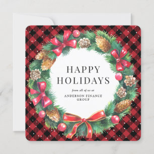 Red Buffalo Plaid Wreath Corporate Business Holiday Card