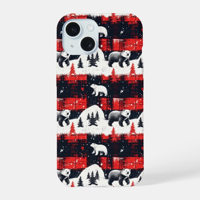Red Buffalo Plaids Polar Bear iPhone 15 Case (Back)
