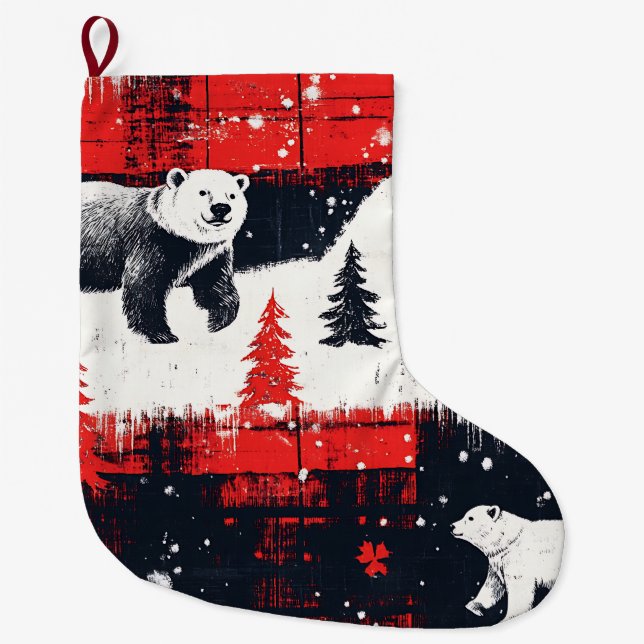 Red Buffalo Plaids Polar Bear Large Christmas Stocking (Front)