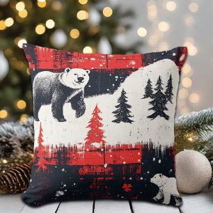 Red Buffalo Plaids Polar Bear Throw Pillow