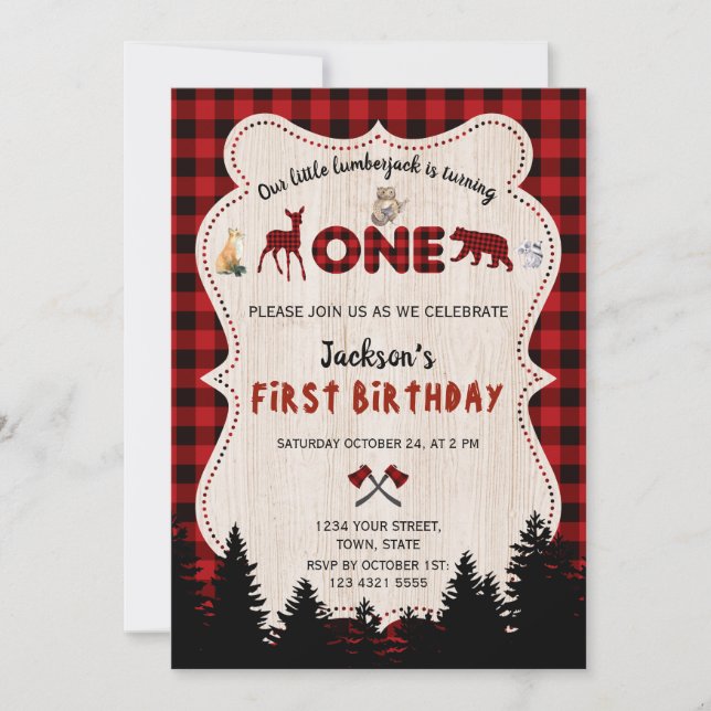Red Buffalo Woodland Animals Boy 1st Birthday Invitation (Front)
