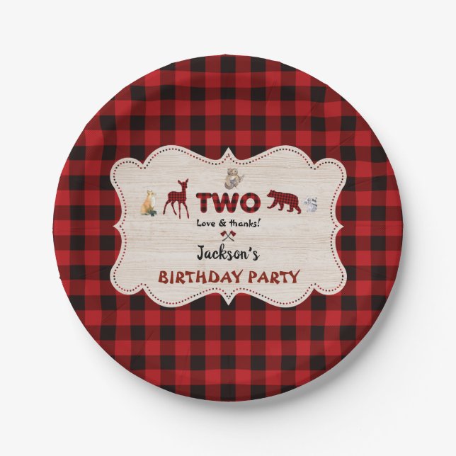Red Buffalo Woodland Animals Boy 2nd Birthday Paper Plate (Front)