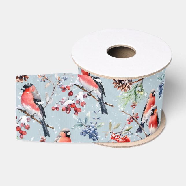 Red Bullfinch Christmas Birds Berries & Pine Cones Grosgrain Ribbon (Spool)