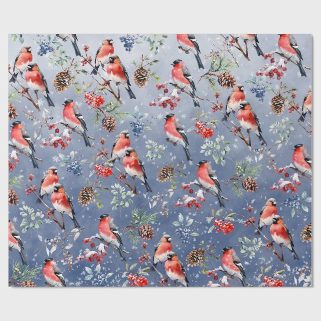 Red Bullfinch Christmas Birds Berries & Pine Cones Wrapping Paper (Flat)