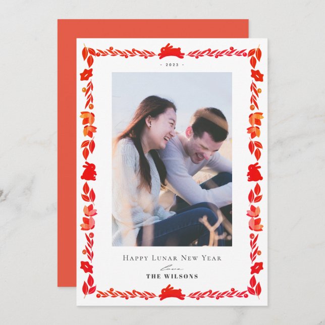 Red Bunny Folk Art Lunar New Year Photo Card (Front/Back)