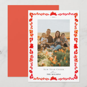 Red Bunny Folk Art New Year Holiday Photo Card