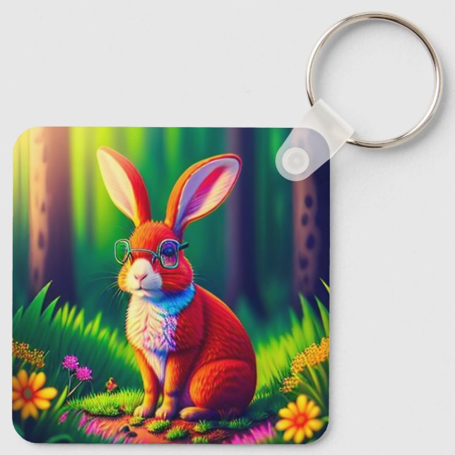 Red Bunny Sitting on Grass-57666 Keychain (Back)