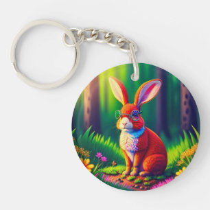 Red Bunny Sitting on Grass Keychain